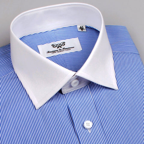 B2B Shirts - Mini Thin Blue Stripe Contrast Cuff Formal Business Dress Shirt White Collar Fashion - Business to Business