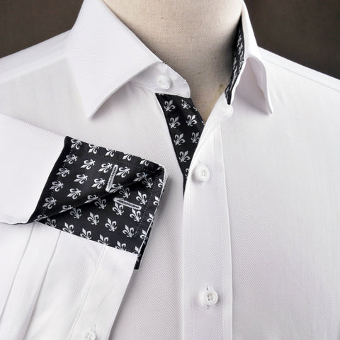 B2B Shirts - White Herringbone Twill Formal Business Dress Shirt Black Fleur-De-Lis Fashion - Business to Business