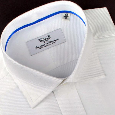 B2B Shirts - Classic Solid White Twill Formal Business Dress Shirt Blue Trim Fashion - Business to Business