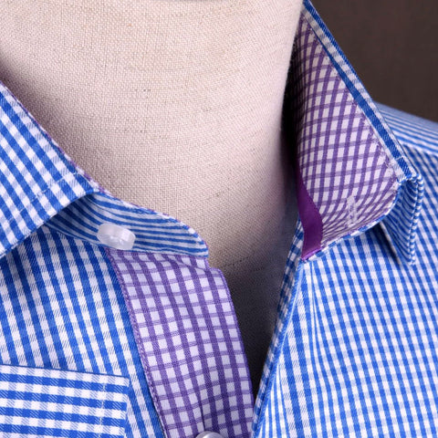 Blue Gingham Check Formal Business Dress Shirt w Purple Inner-Lining in Button Cuffs
