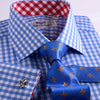 B2B Shirts - Blue Designer Gingham Check Formal Business Dress Shirt With  Red Checkered Fashion Inner Lining - Business to Business