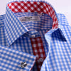 B2B Shirts - Blue Designer Gingham Check Formal Business Dress Shirt With  Red Checkered Fashion Inner Lining - Business to Business